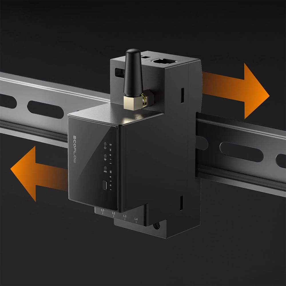 Schrägansicht: EcoFlow Smart Meter montiert an einer Hutschiene, Pfeile nach links und rechts zur seitlichen Verschiebung