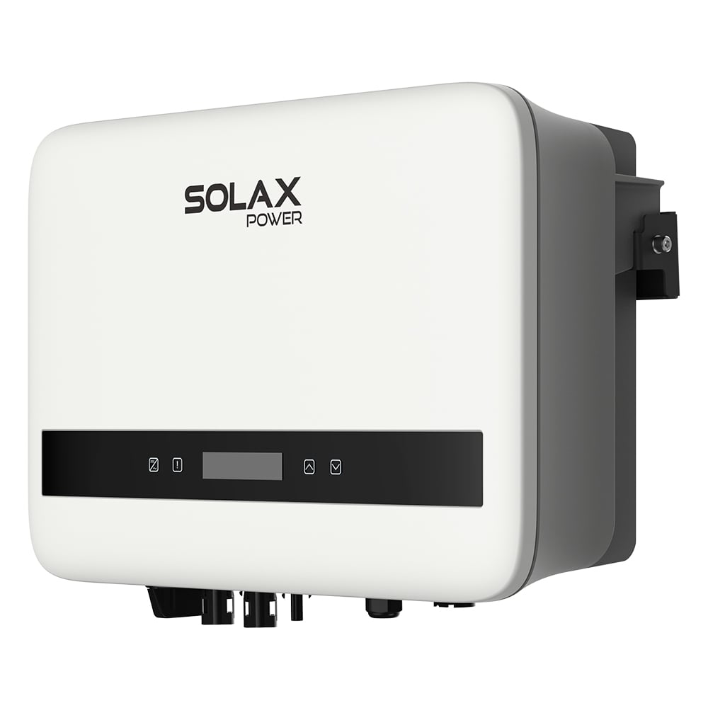 Schrägansicht von rechts: weiß/schwarzer Solax X1-BOOST-6K-G4 PV-Wechselrichter mit Display