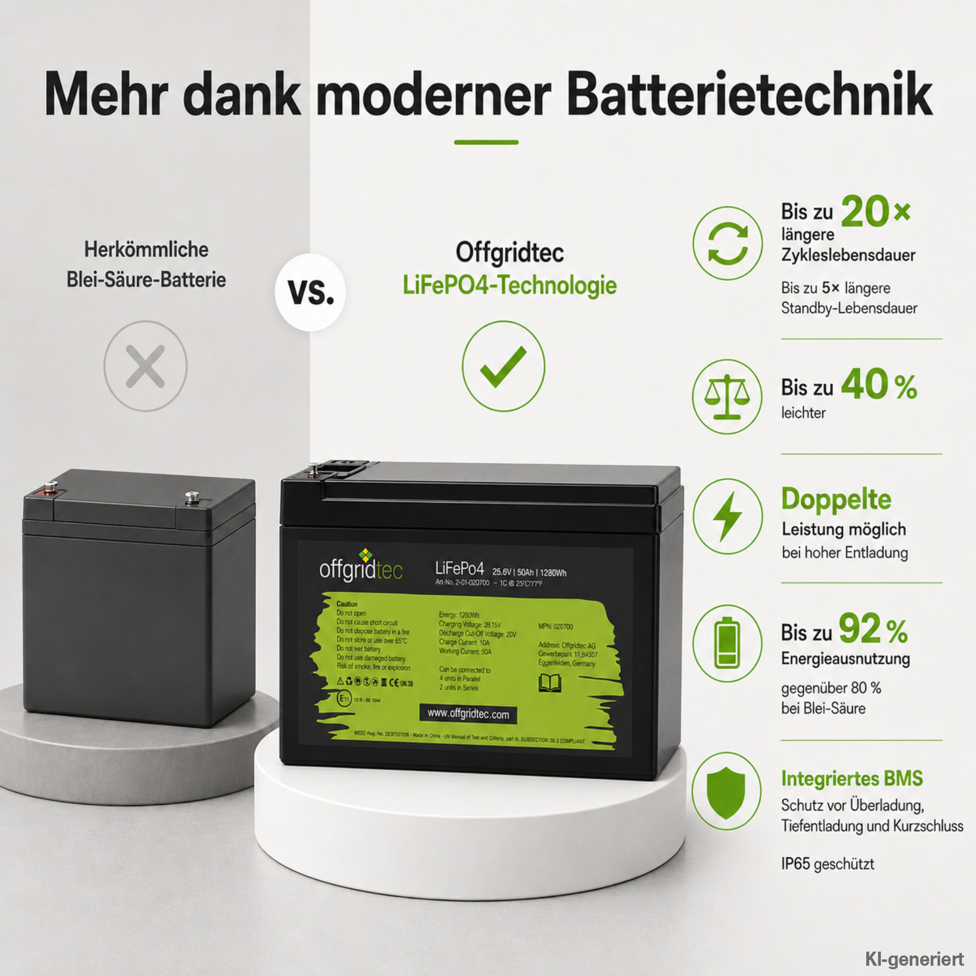 schwarze Offgridtec LiFePO4 Batterie 24V 50Ah Vergleich mit Blei-Säure-Akku