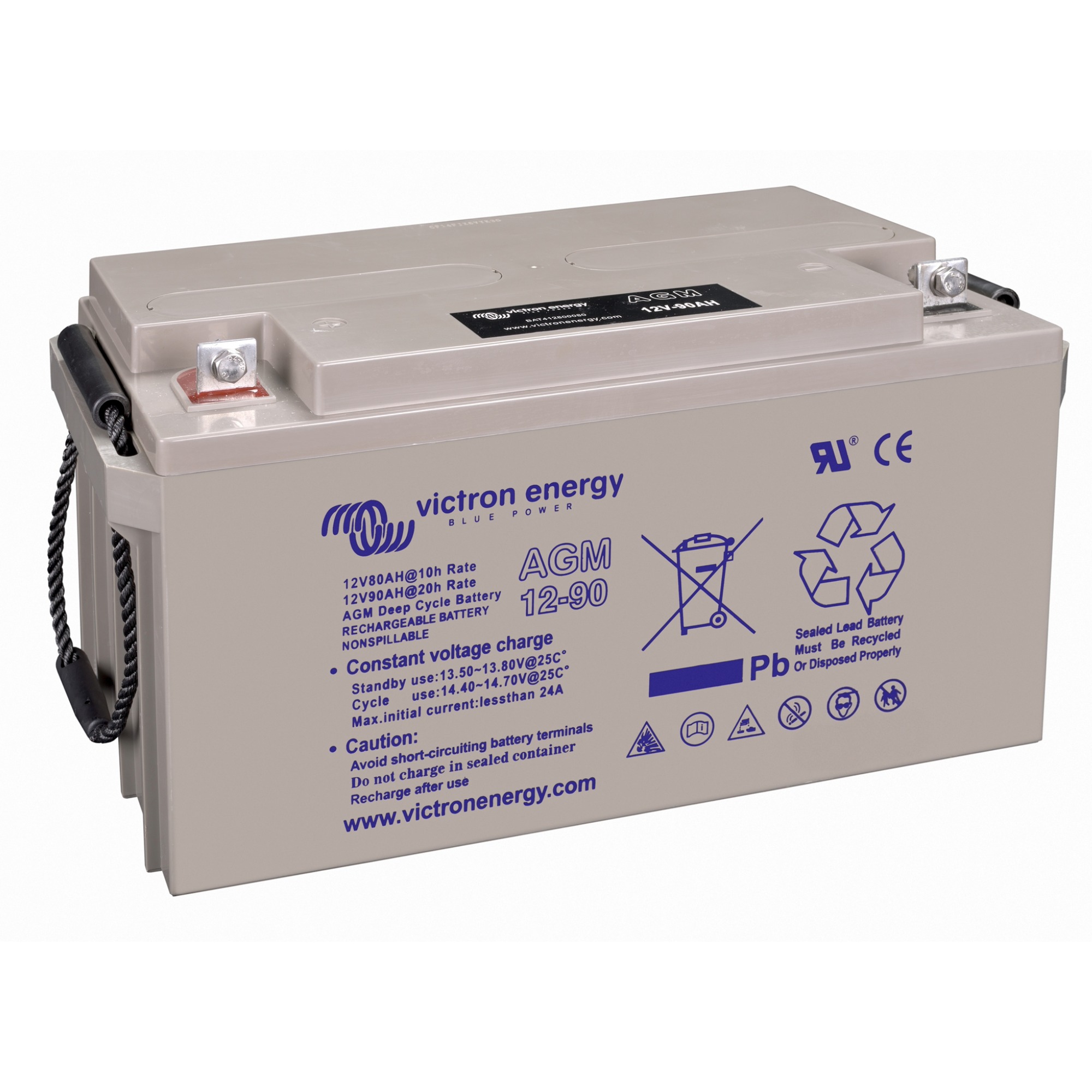 Victron AGM Deep Cycle 12V 90Ah Batterie grau schräge Frontansicht links