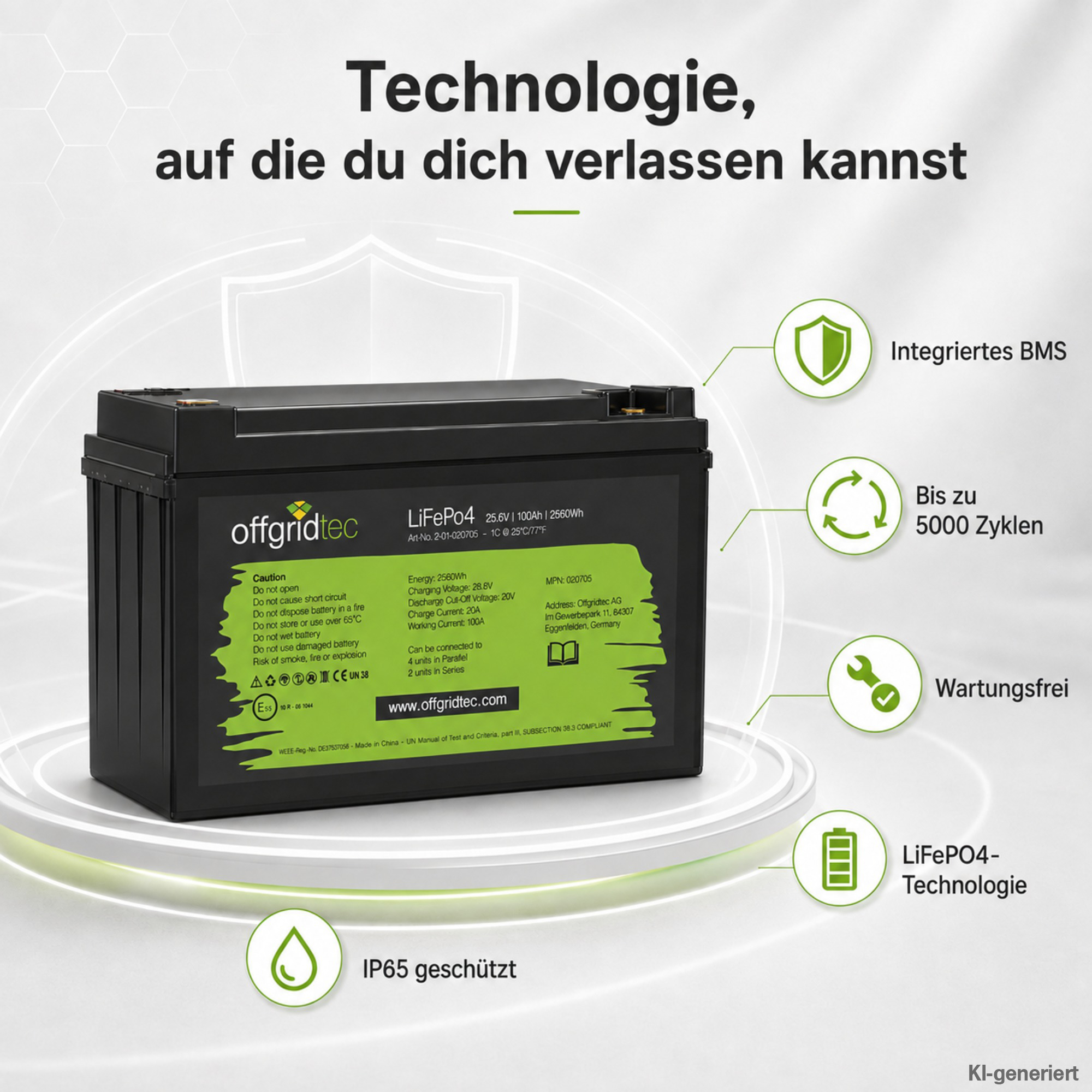 schwarze Offgridtec LiFePO4 Batterie 24V 100Ah Verkaufsargumente um Akku herum