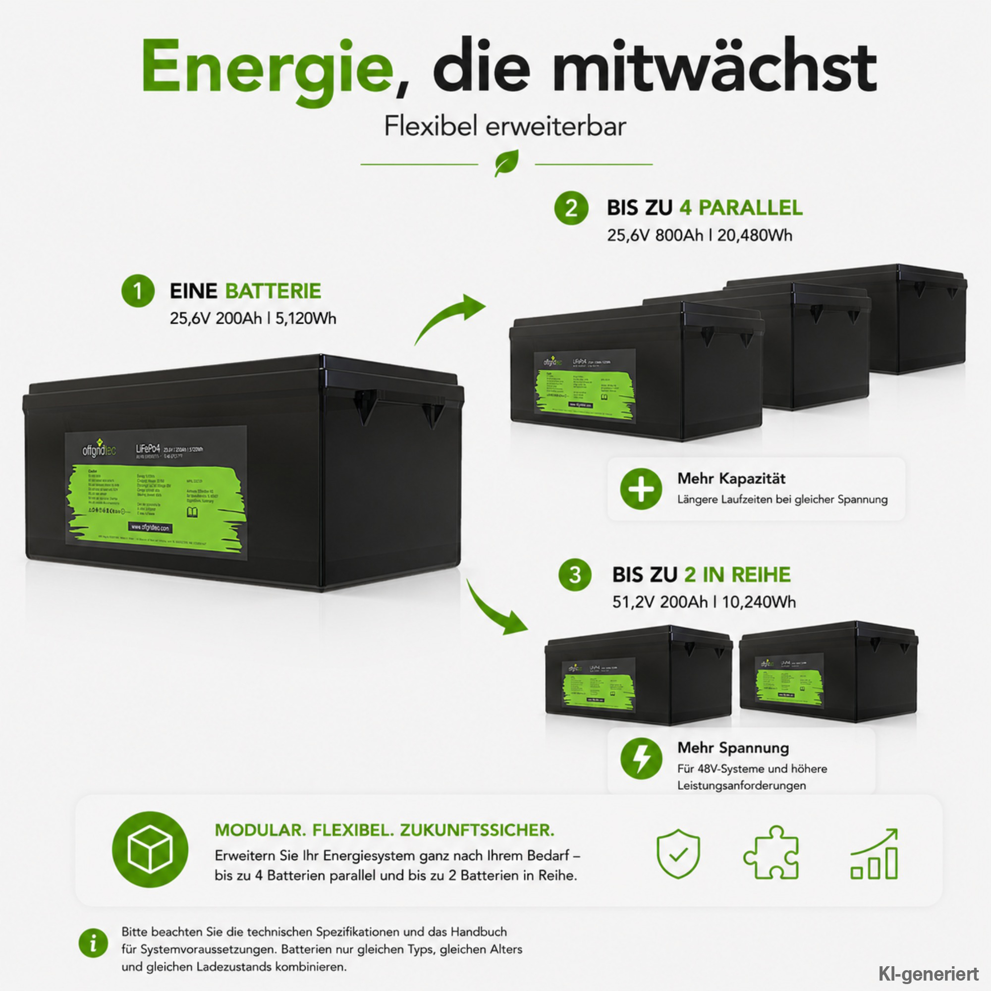 schwarze Offgridtec LiFePO4 Batterie 24V 200Ah Erweiterungsmöglichkeit parallel und in Reihe