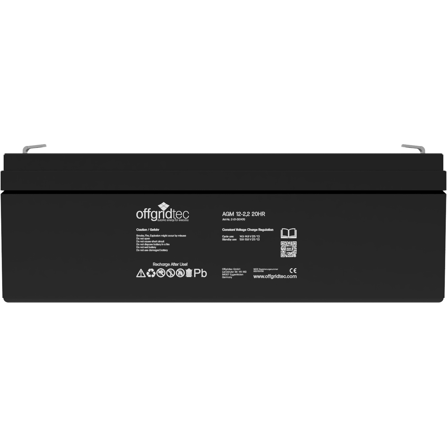Batterie in schwarz, Ansicht von vorn, sichtbare Aufschrift und Ansteckpole