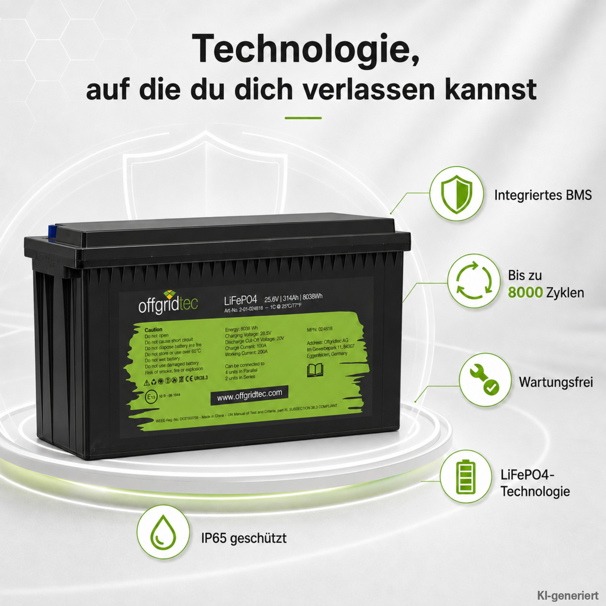 schwarze Offgridtec LiFePO4 Batterie 24V 314Ah Verkaufsargumente um Akku herum