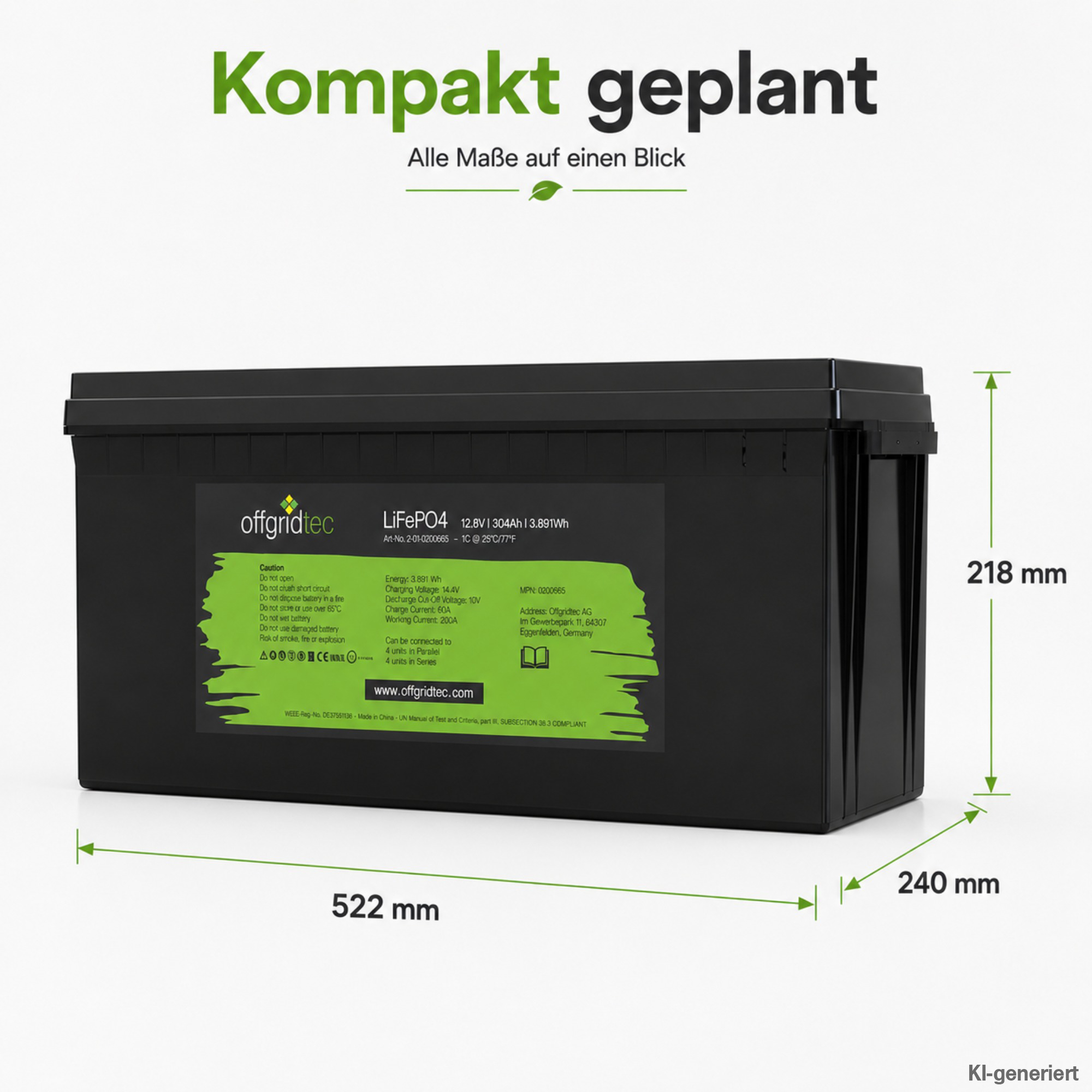 schwarze Offgridtec LiFePO4 Batterie 12V 300Ah Abmessungen
