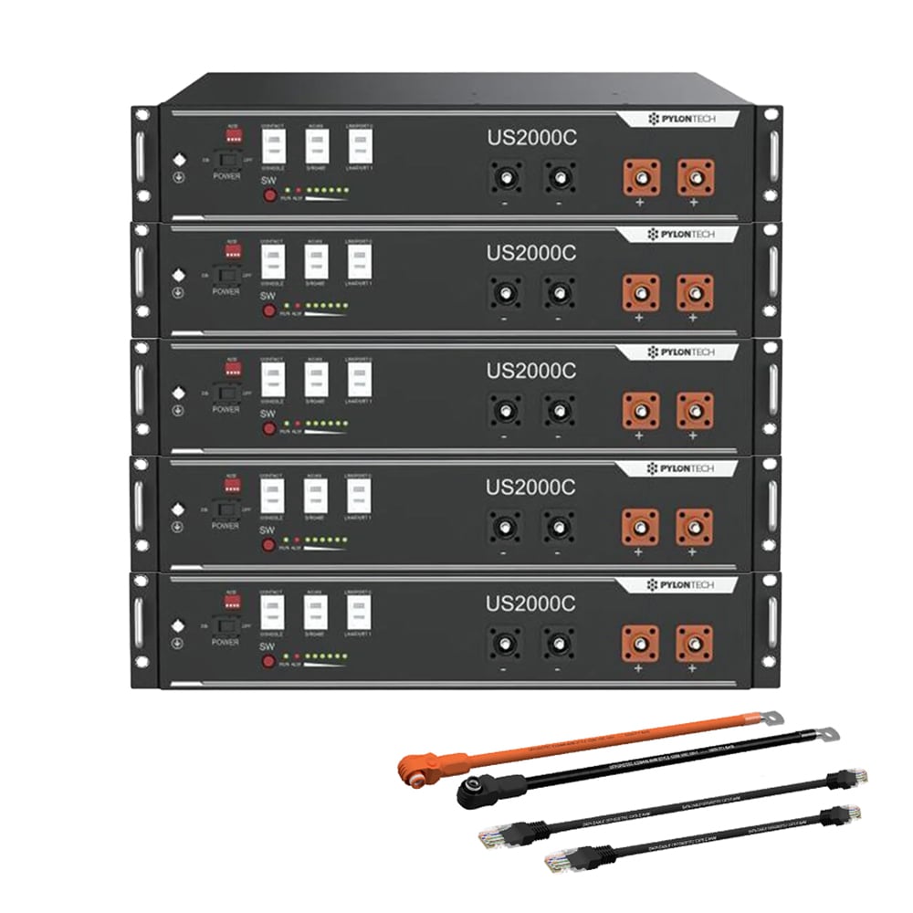 Pylontech 5x US2000C LiFePO4 Batterie 12kWh mit Wechselrichter-Anschlusskabelset