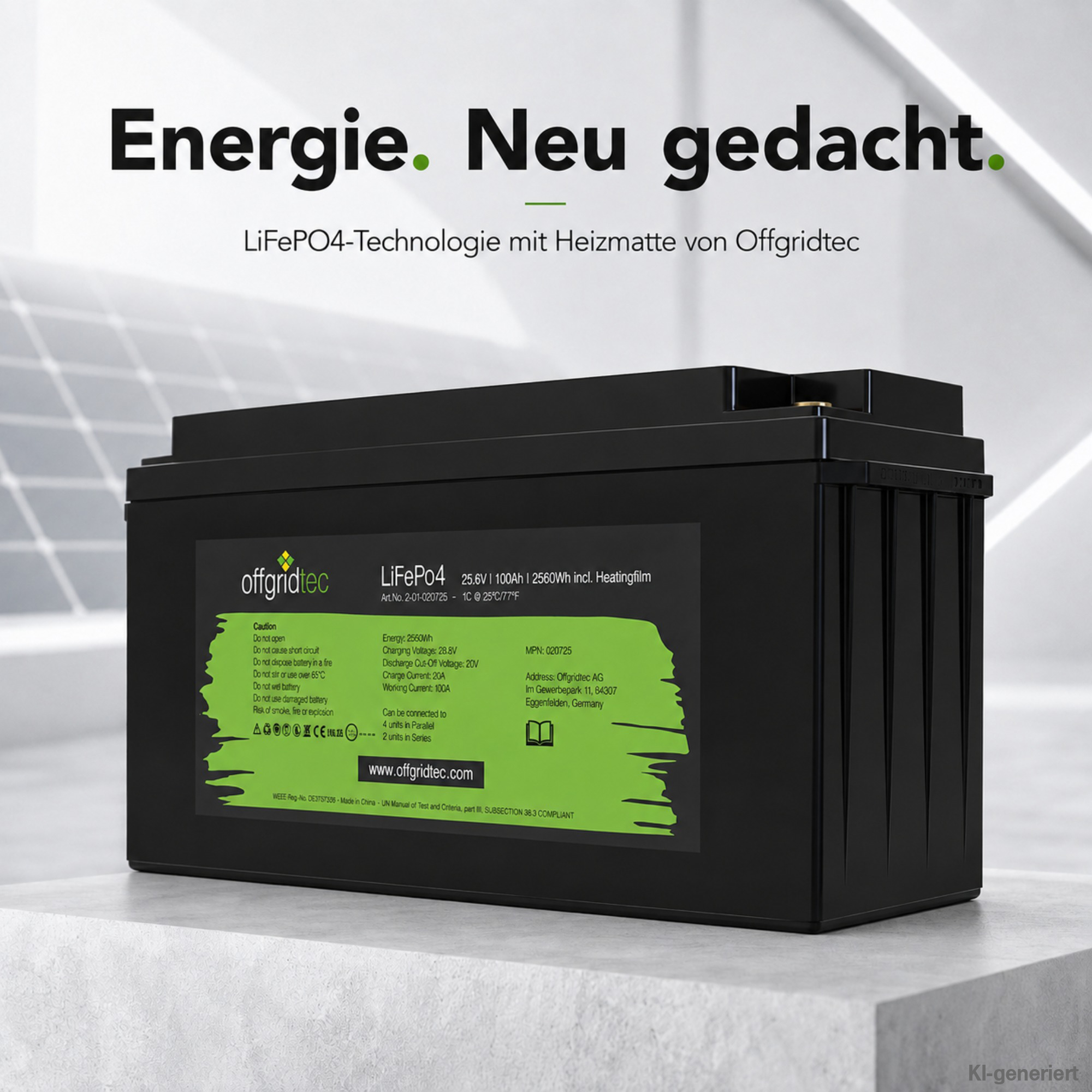 schwarze Offgridtec LiFePO4 Batterie mit Heizmatte 24V 100Ah auf grauem Untergrund