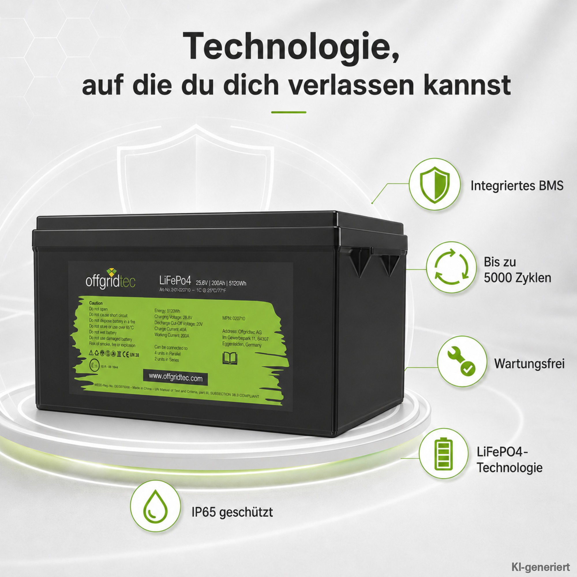 schwarze Offgridtec LiFePO4 Batterie 24V 200Ah Verkaufsargumente um Akku herum