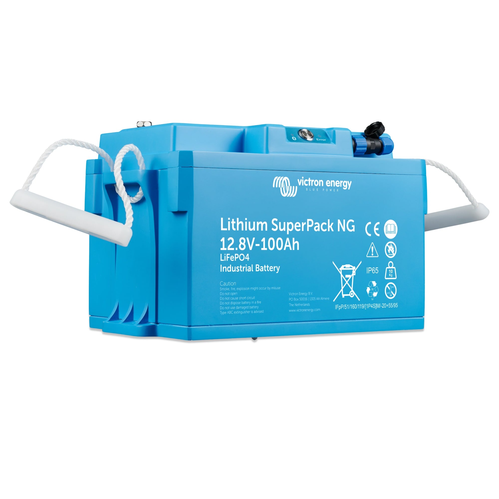 hellblaue Batterie 12V 100Ah NG Schrägansicht Front links