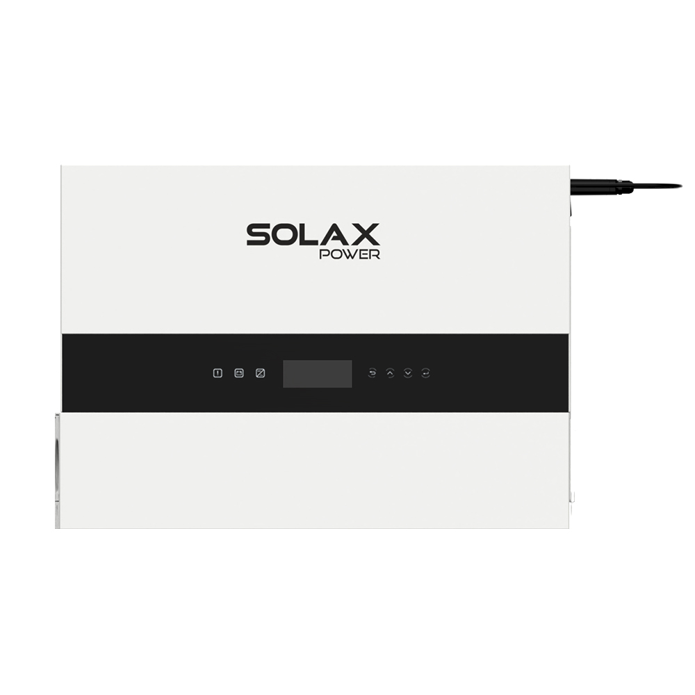 Frontansicht: weißer Solax X1-IES-4.6K Inverter, schwarzes Bedienfeld und Display, Anschlusskabel rechts