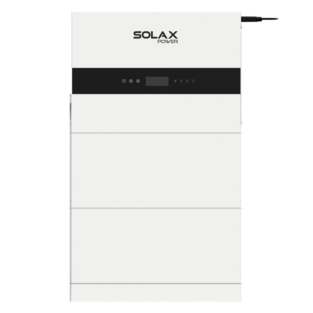 Frontansicht des weißen Solax X3-IES Speichersystems mit Wechselrichter, 2 Batterien und BMS