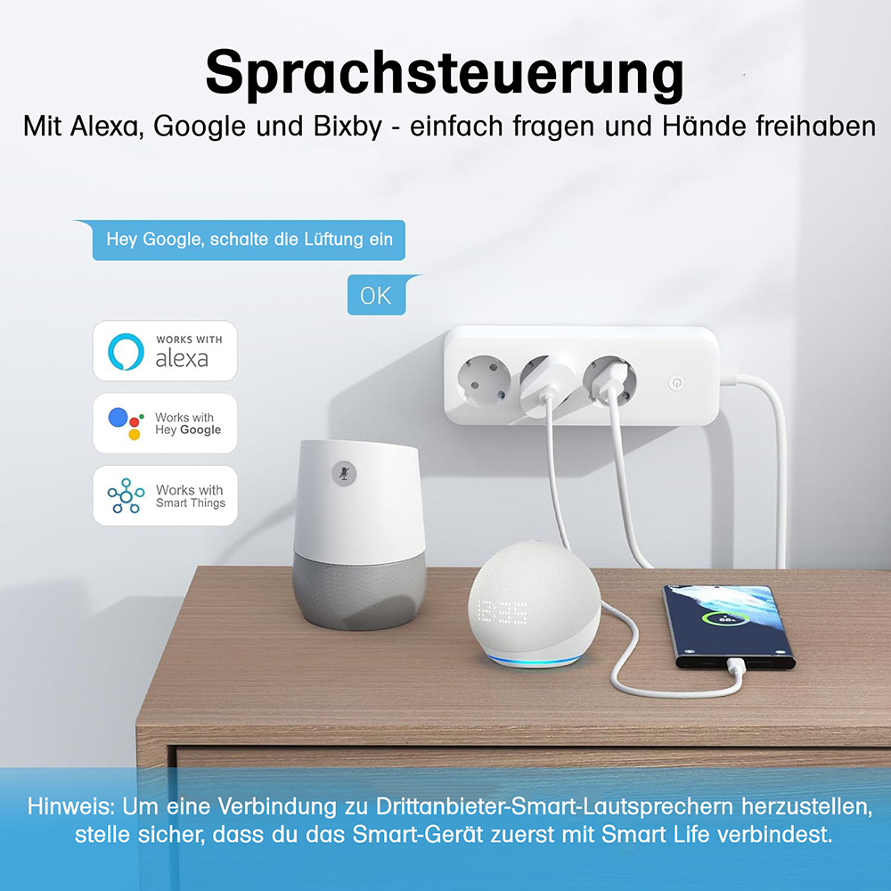 Offgridtec Smarte 3-fach Steckdosenleiste mit Smart Life- oder Tuya-App 1,8m Kabel