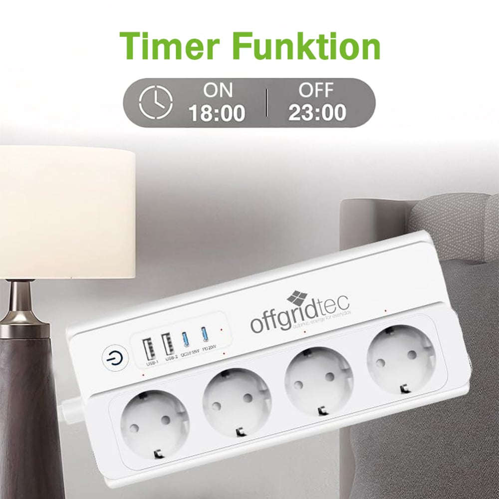 Offgridtec smart 4-way socket strip + 2x USB-A and 2x USB-C connection with Smart Life or Tuya app - 1.5m cable