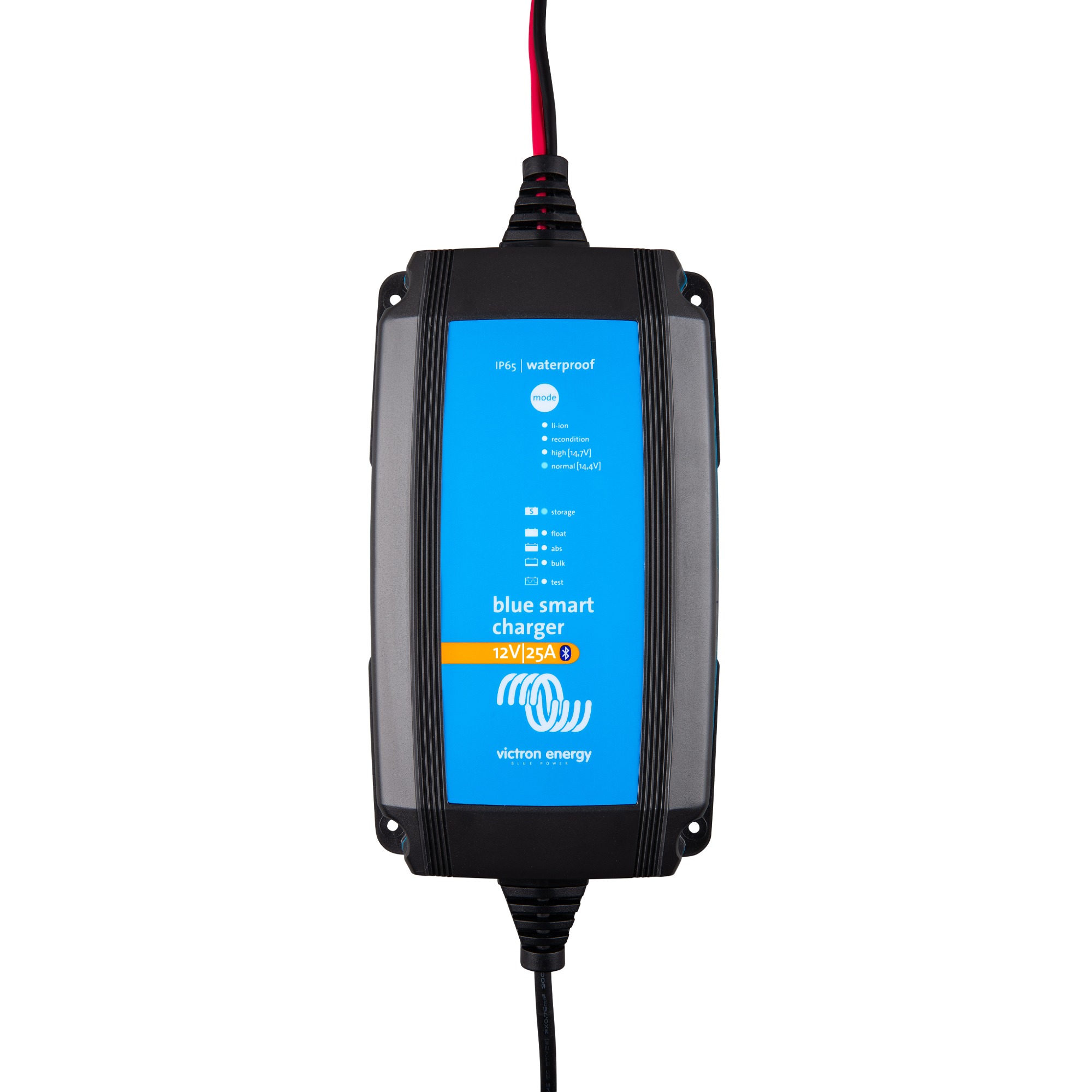 Victron Blue Smart IP65 12/25 Batterieladegerät Frontalansicht Vorderseite Kabel nach oben und unten