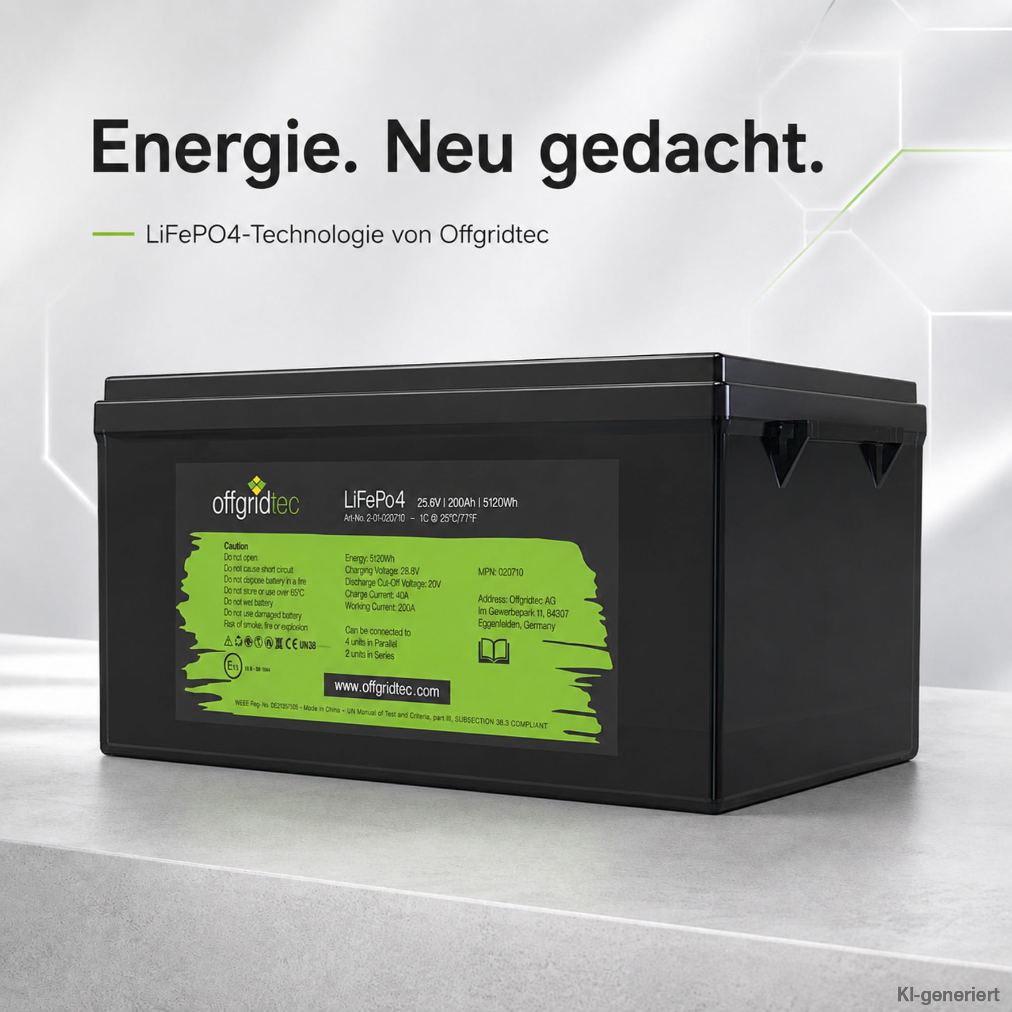 schwarze Offgridtec LiFePO4 Batterie 24V 200Ah auf grauem Untergrund