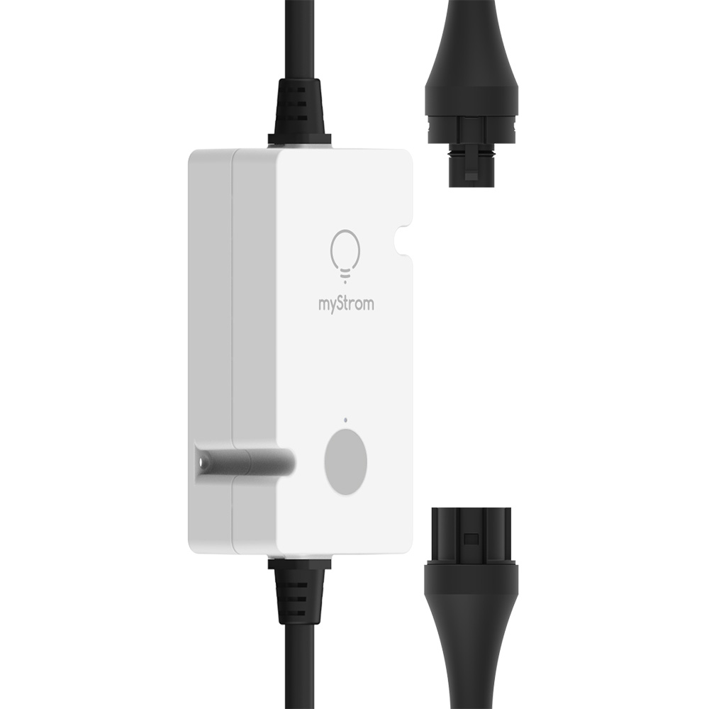 Schrägansicht: Weißer, rechteckiger myStrom WiFi Switch Ex mit schwarzen Wieland-Anschlüssen