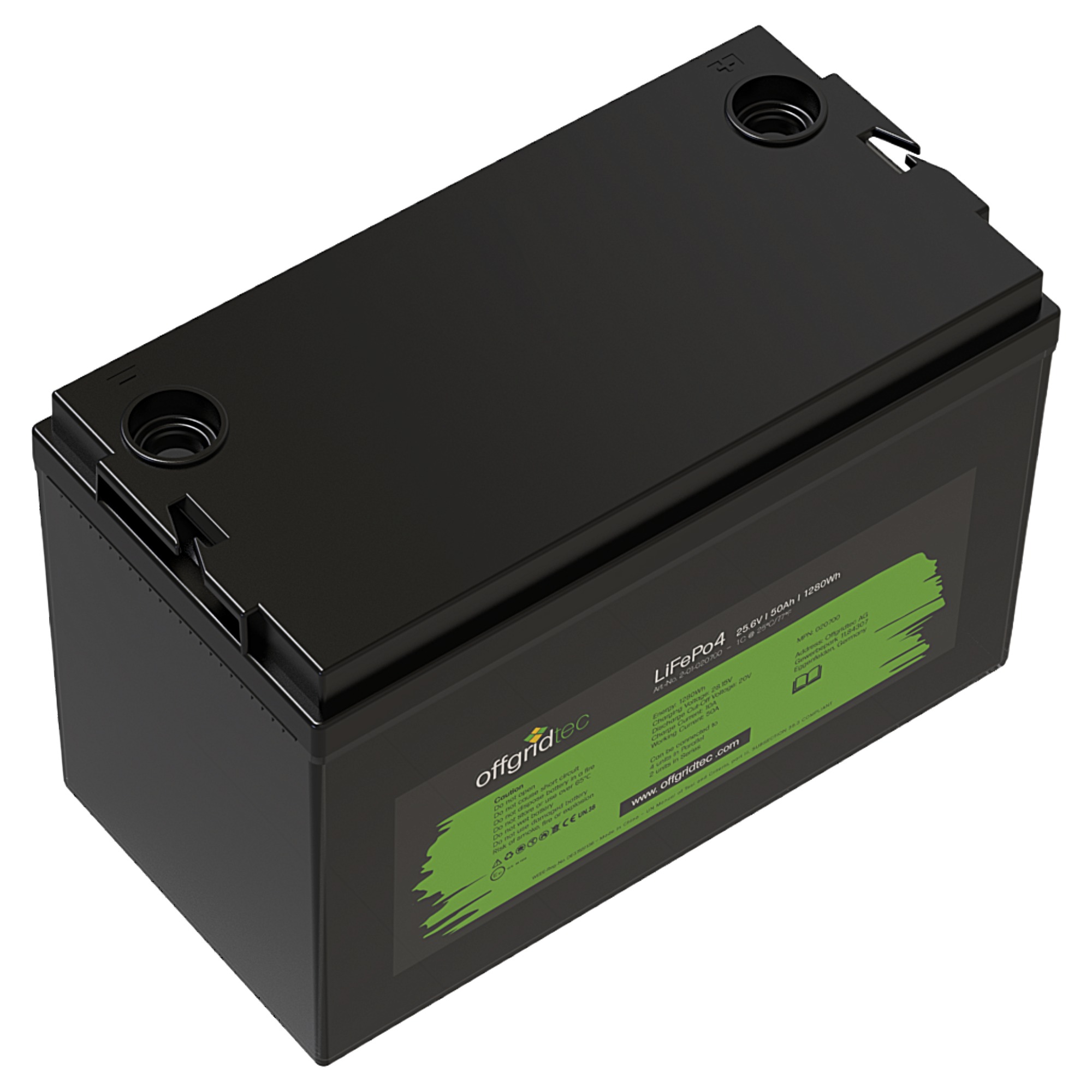 schwarze Offgridtec LiFePO4 Batterie 24V 50Ah Schrägansicht oben links