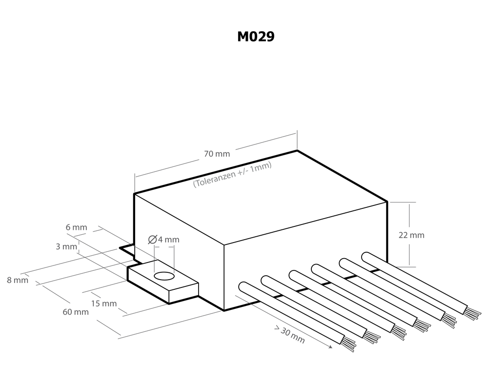 Technische Zeichnung des Kemo Gleichspannungswandlers M029 mit Abmessungen: 70x22x60mm