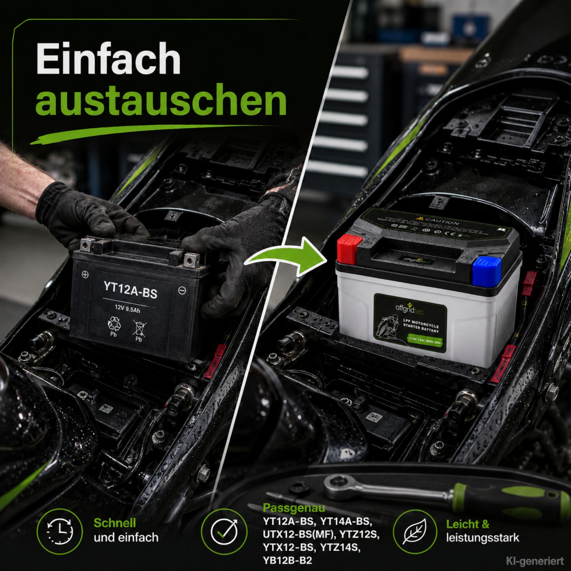 graue Motorradbatterie - Einfach austauschen von Bleisäure-Batterie