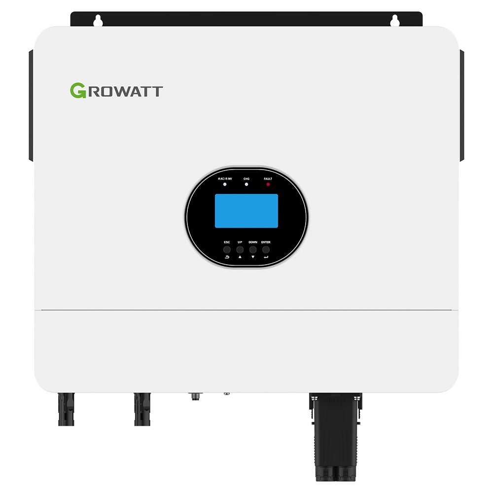 Frontansicht des weißen Growatt SPF6000 ES Plus Off-Grid Speicher-Wechselrichters mit Display, Anschlüssen und Montagelöchern