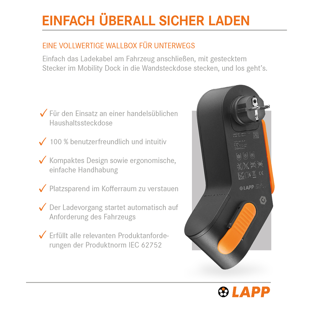 Lapp Mobility e-car charging adapter ev-mobility dock type 2, 2.3 kW/10 a,  1-phase