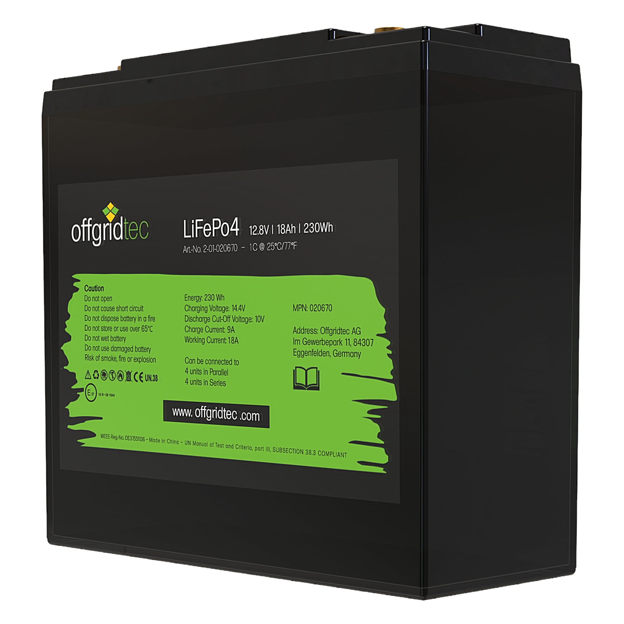 schwarze Offgridtec LiFePO4 Batterie 12V 18Ah Schrägansicht rechts