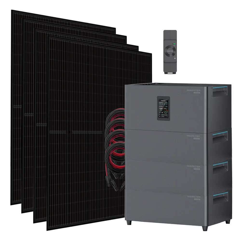 Komplettset mit 4 schwarzen Solarpanels, 4 Kabeln, 1 Smart Meter und 1 Marstek Jupiter-C Plus Speicher mit 3 Batterien