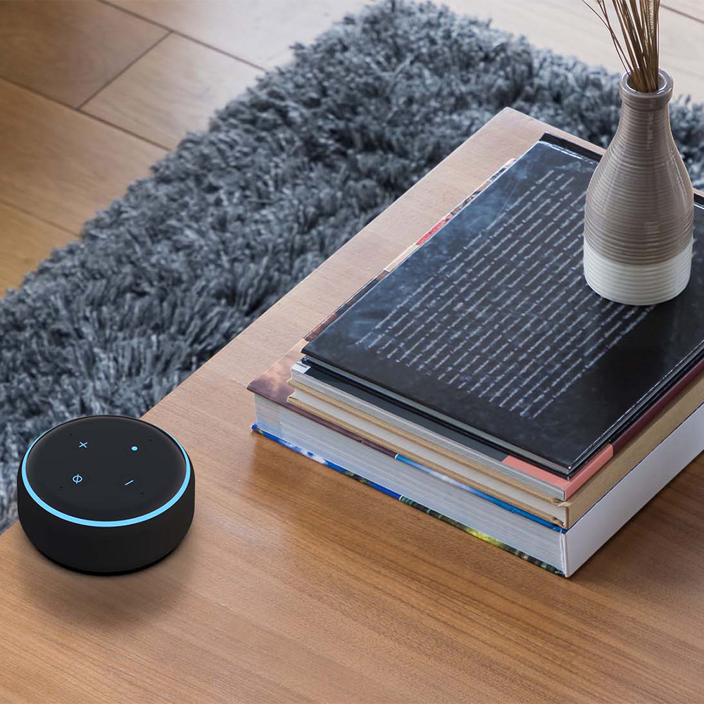 Amazon Alexa auf einem Holztisch neben Büchern und einer Vase
