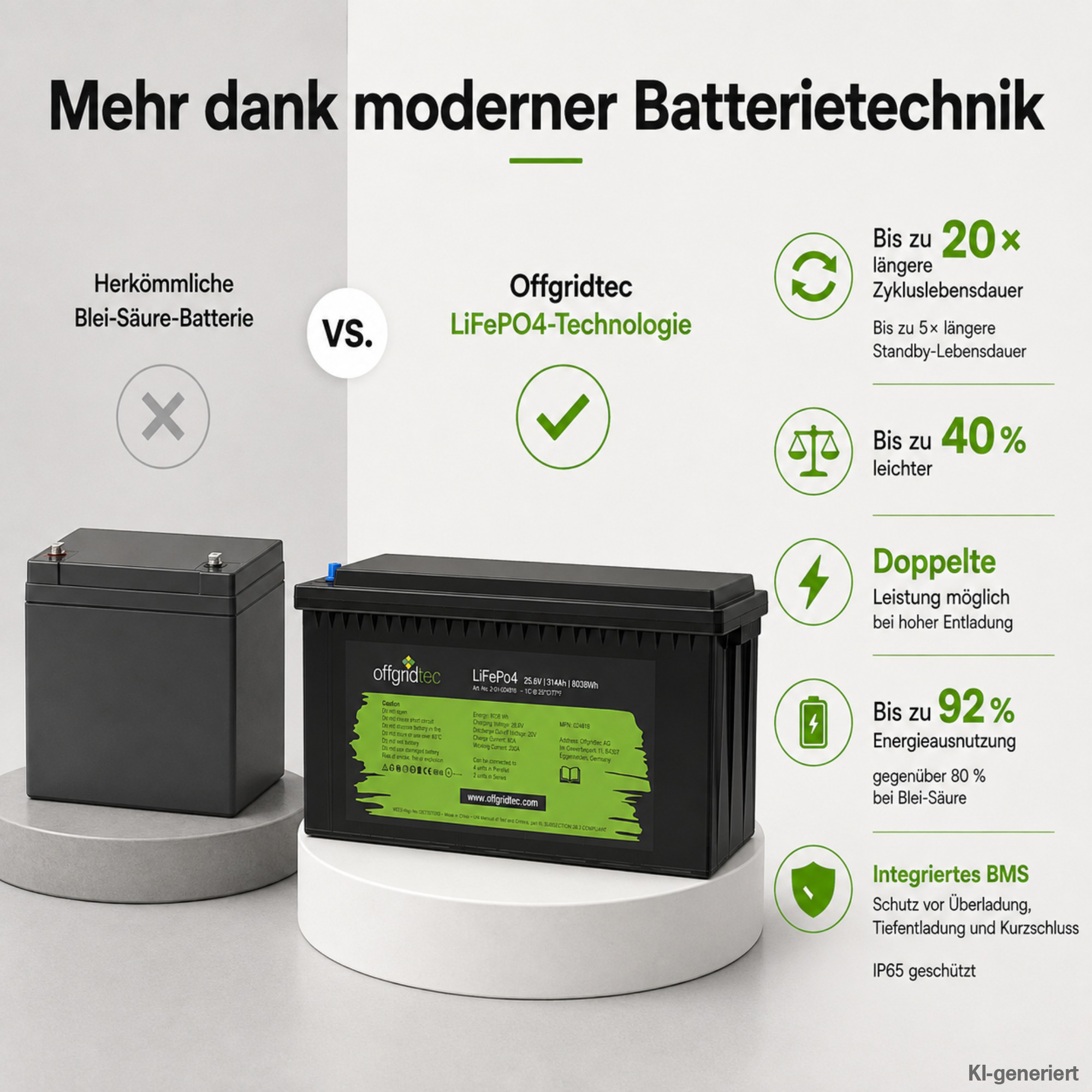 schwarze Offgridtec LiFePO4 Batterie 24V 314Ah Vergleich Blei-Säure-Akku