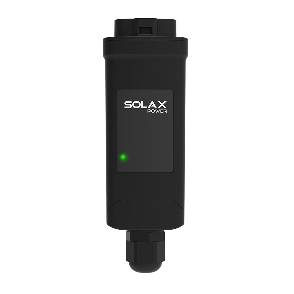 Frontansicht: Solax Pocket WiFi+LAN Modul in Schwarz, LED-Statusanzeige, integrierter LAN-Anschluss