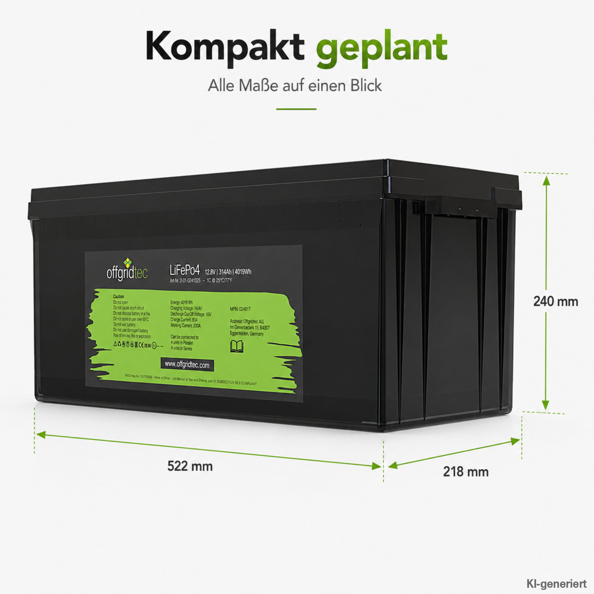 schwarze Offgridtec LiFePO4 Batterie 12V 314Ah Abmessungen