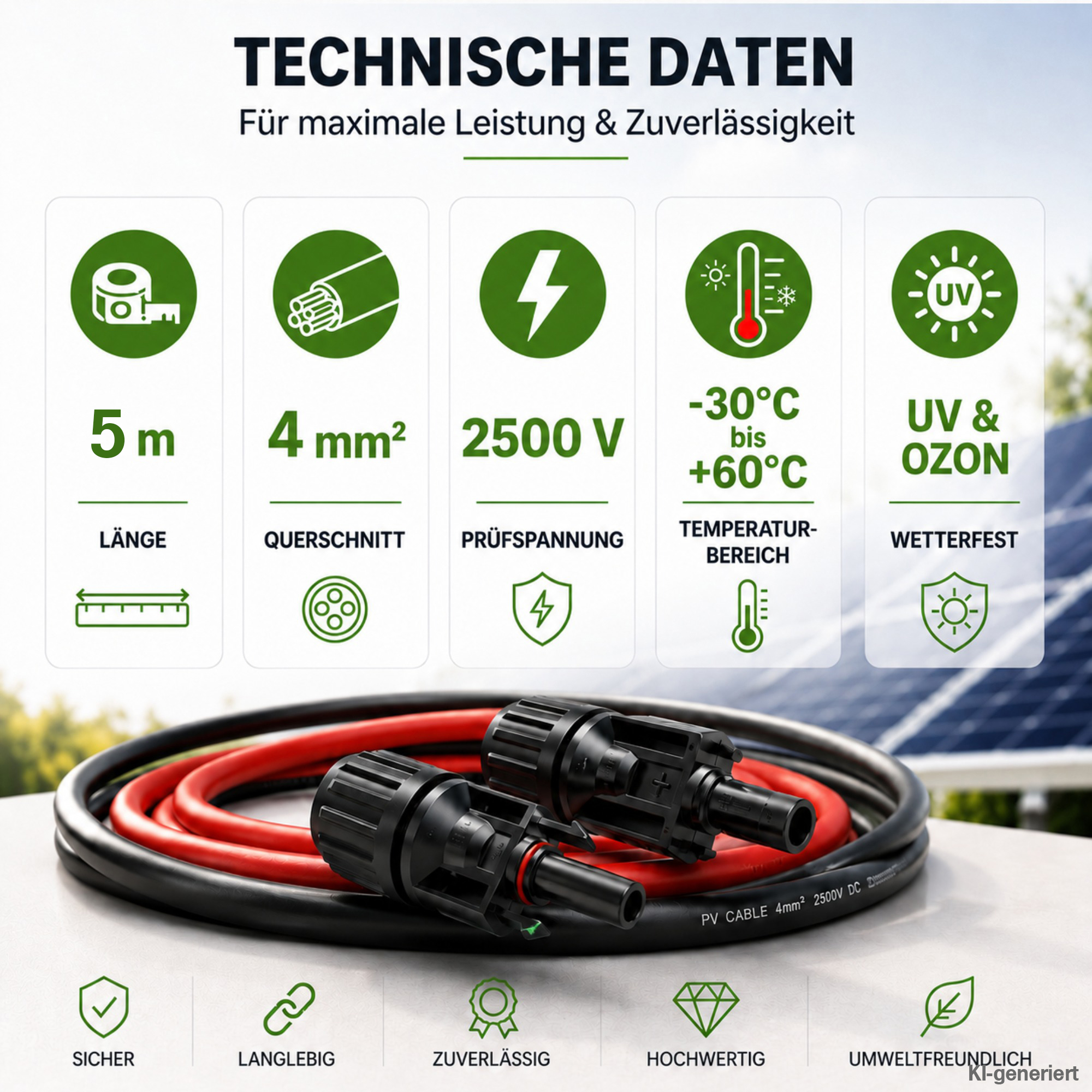 Technische Daten zu 5m 4mm Solarkabel mit Solarmodul im Hintergrund