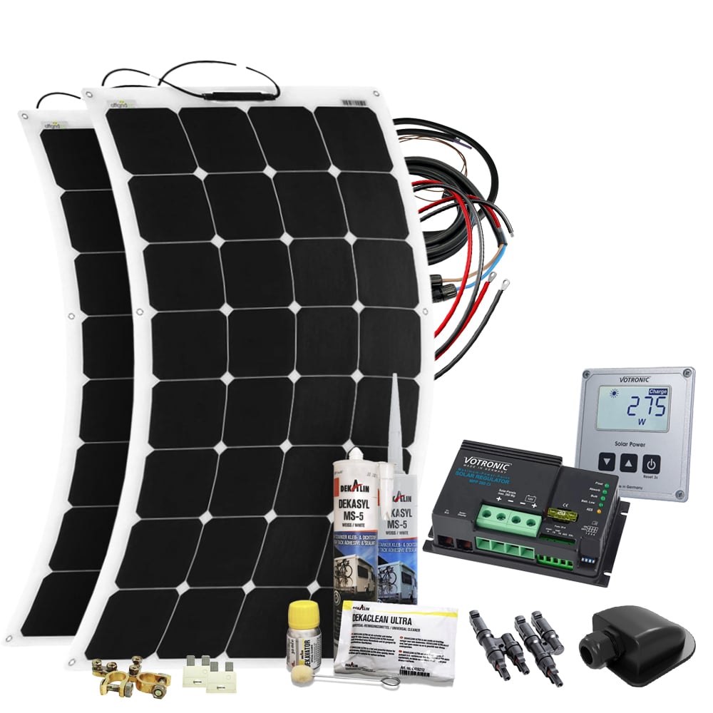 Setansicht: Solar-Komplettset mit 2 flexiblen Solarmodulen, Laderegler, Solarcomputer und umfangreiches Zubehör
