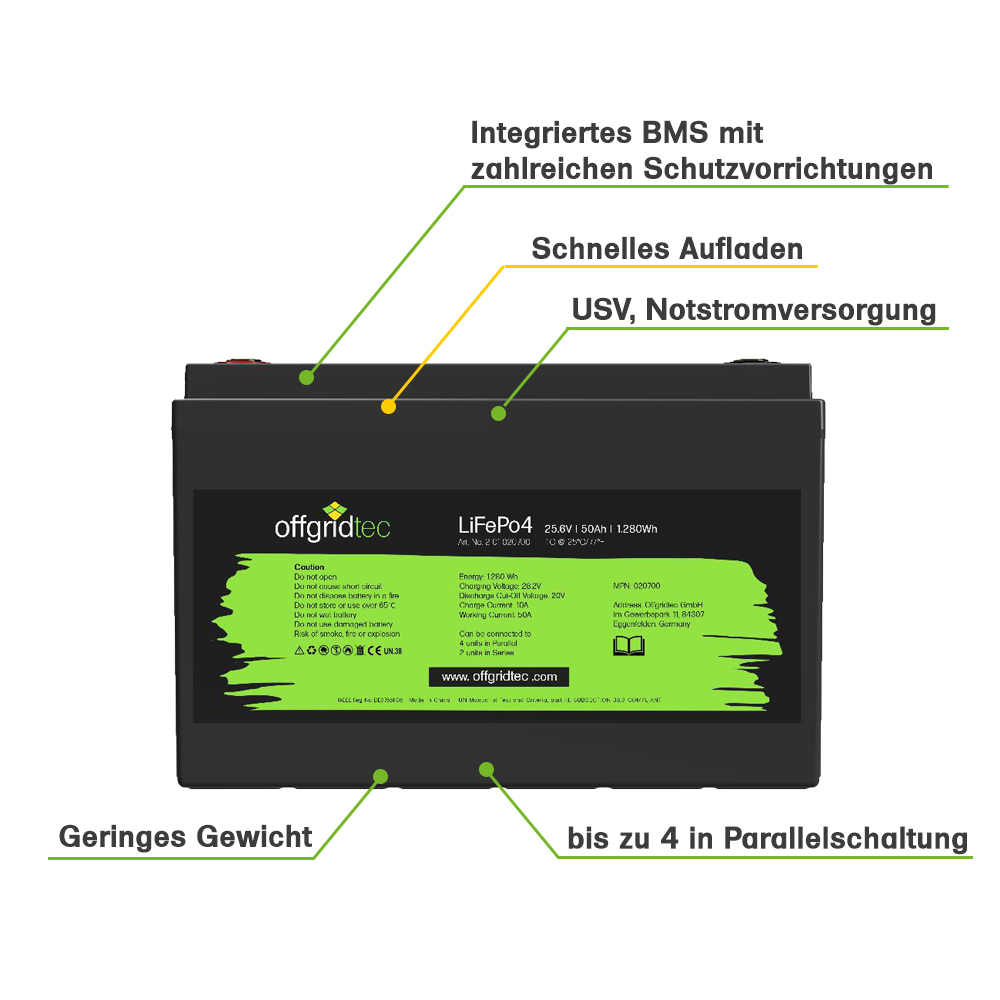 Offgridtec LiFePO4 battery 25.6/50 25.6V 50Ah BMS integrated 1280Wh