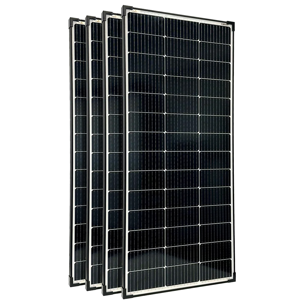 Stapelansicht: 4 monokristalline 150W Solarmodule mit schwarzem Rahmen