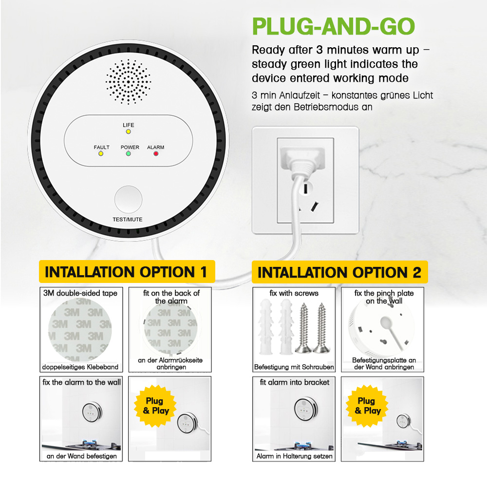 Offgridtec Smart WiFi Gas Alarm Sensor with LCD & App | Audible & Visual Alarm for Flammable Gases