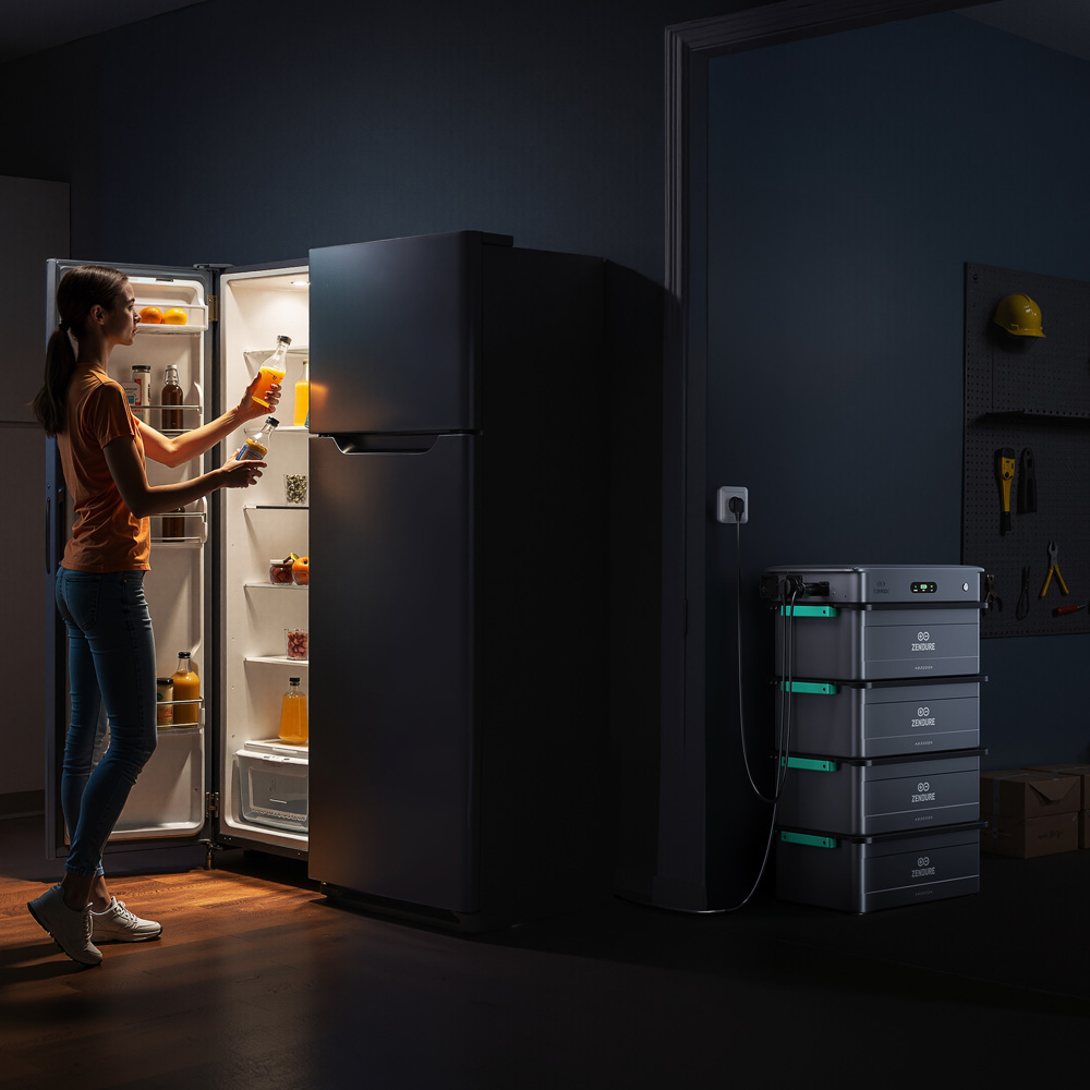 silberner Wechselrichter mit Batterien am Kühlschrank