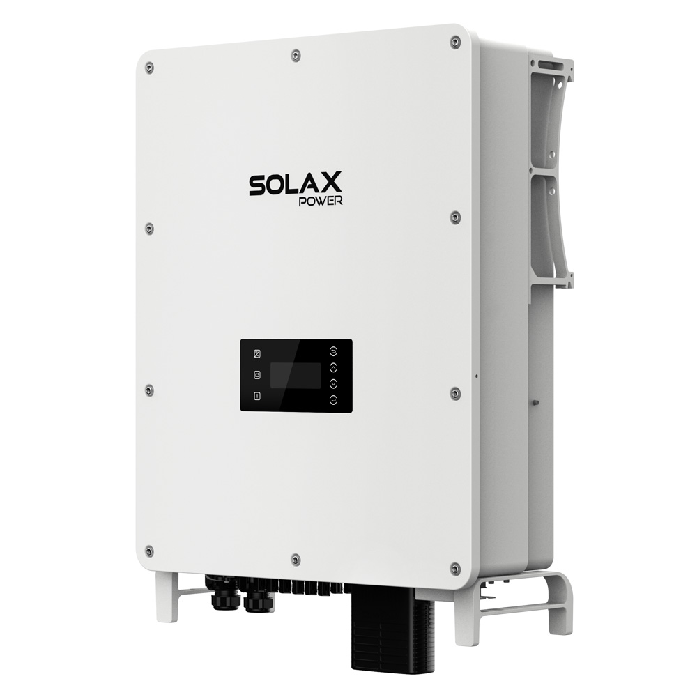 Schrägansicht von rechts: weißer Solax AEOLIO Energy Storage; schwarzes Bedienfeld mit Display & Anschlüsse unten