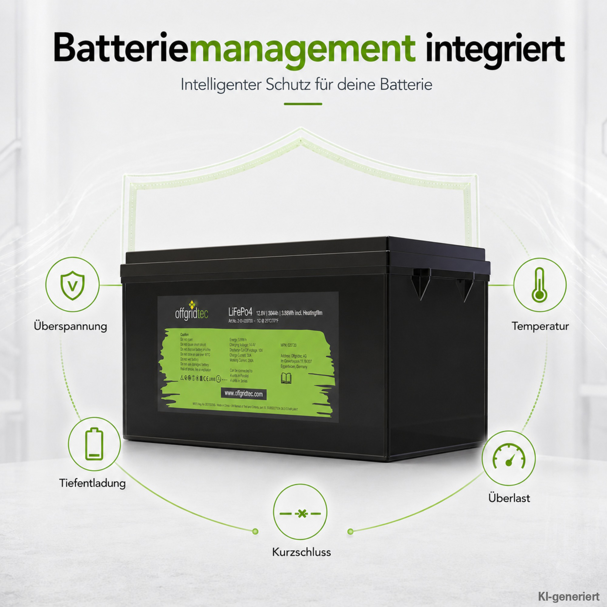 schwarze Offgridtec LiFePO4 Batterie 12V 304Ah mit Heizmatte integriertes Batteriemanagement