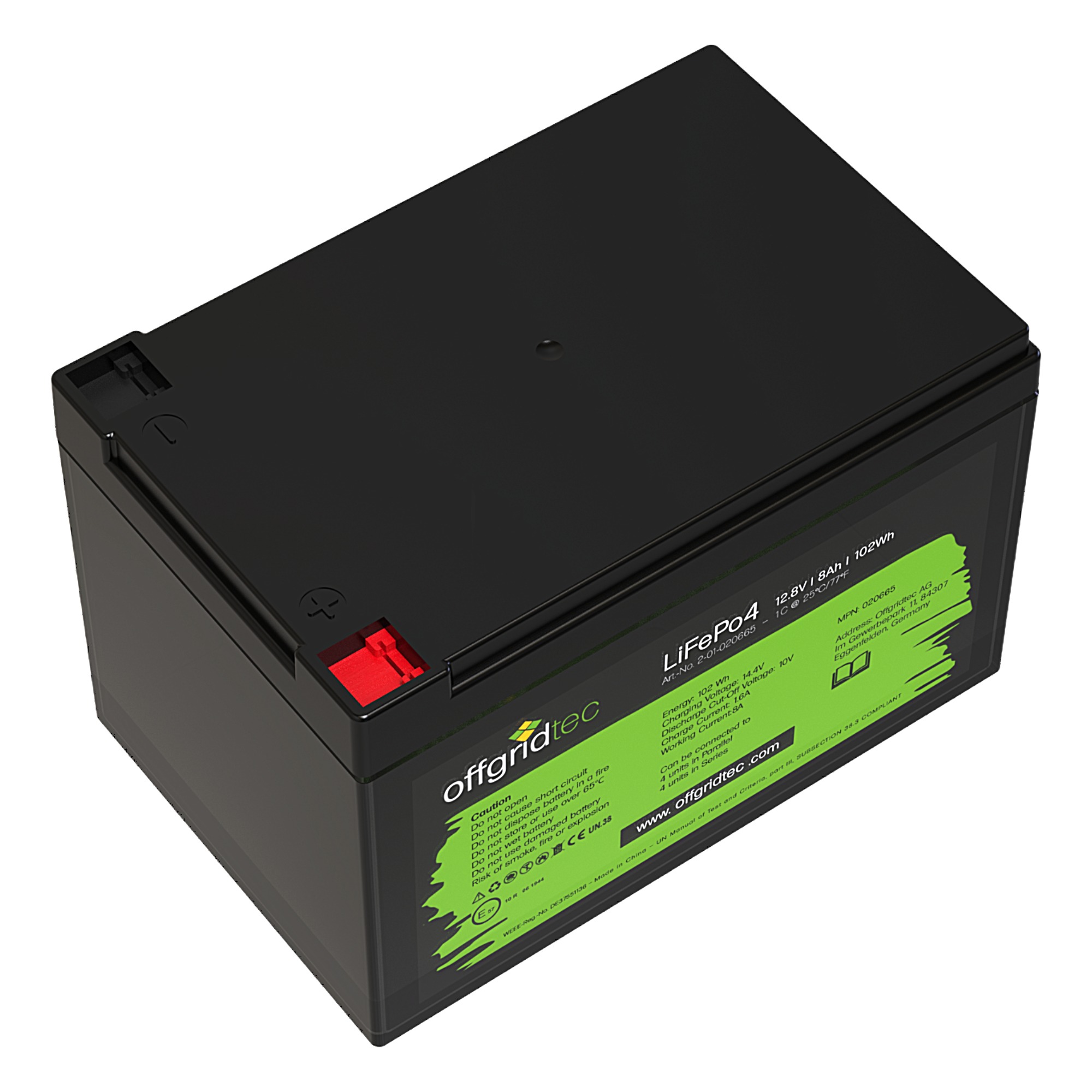 schwarze Offgridtec Batterie 12V 8Ah Schrägansicht von oben links