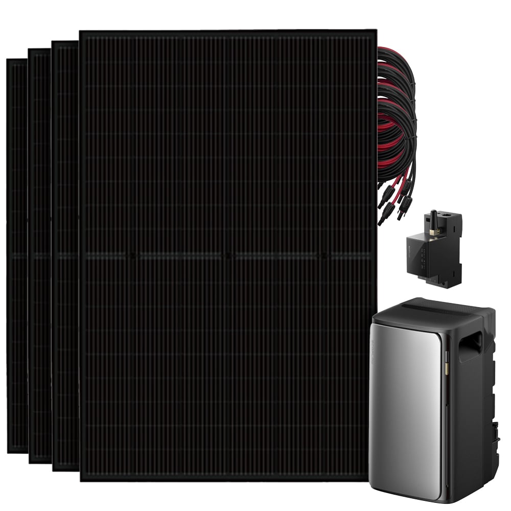Setansicht: 4 Full-Black Solarmodule, EcoFlow Stream Ultra All-in-One Speicher System, 4 MC4-Verbindungskabel und Stromzähler