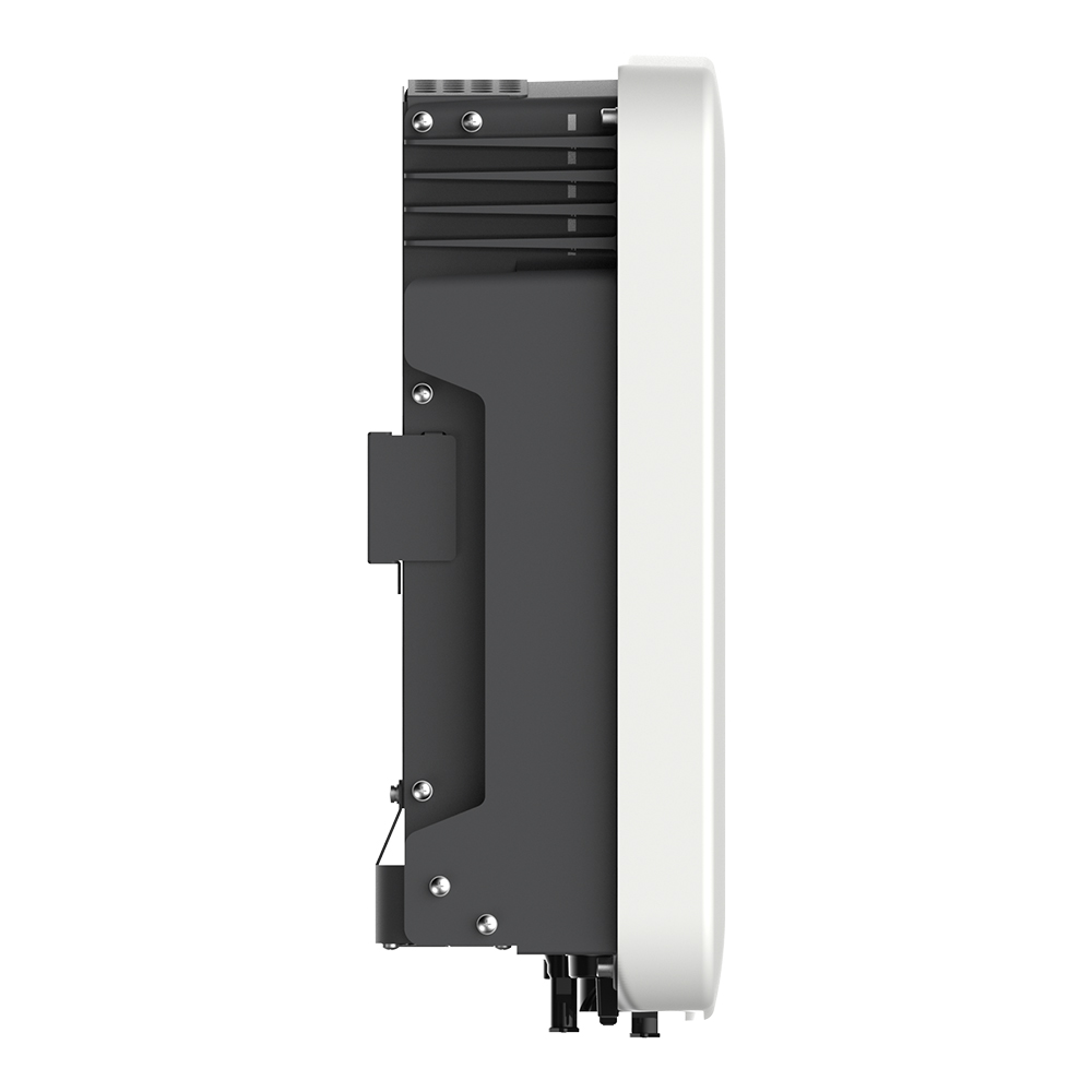 Seitenansicht links: Solax X3-MIC-6.0K-G2 Inverter, weiß-schwarz mit Logo, Bedienfeld, Display und Anschlüssen