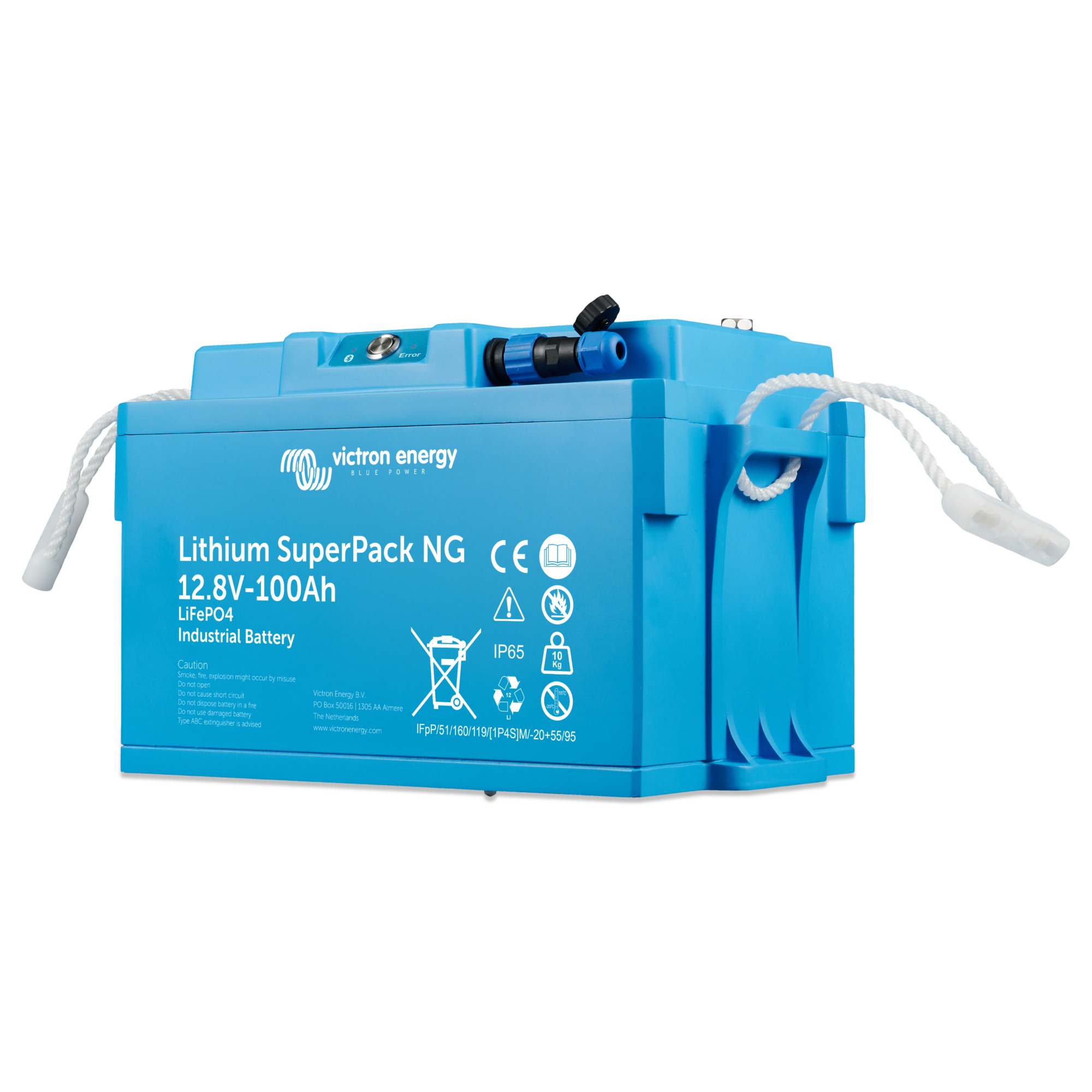 hellblaue Batterie 12V 100Ah NG Schrägansicht Front rechts