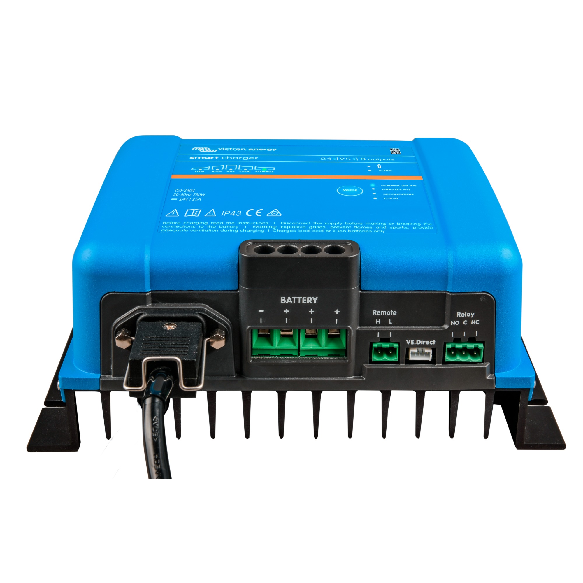Batterieladegerät blau Schrägansicht Unterseite Anschlüsse