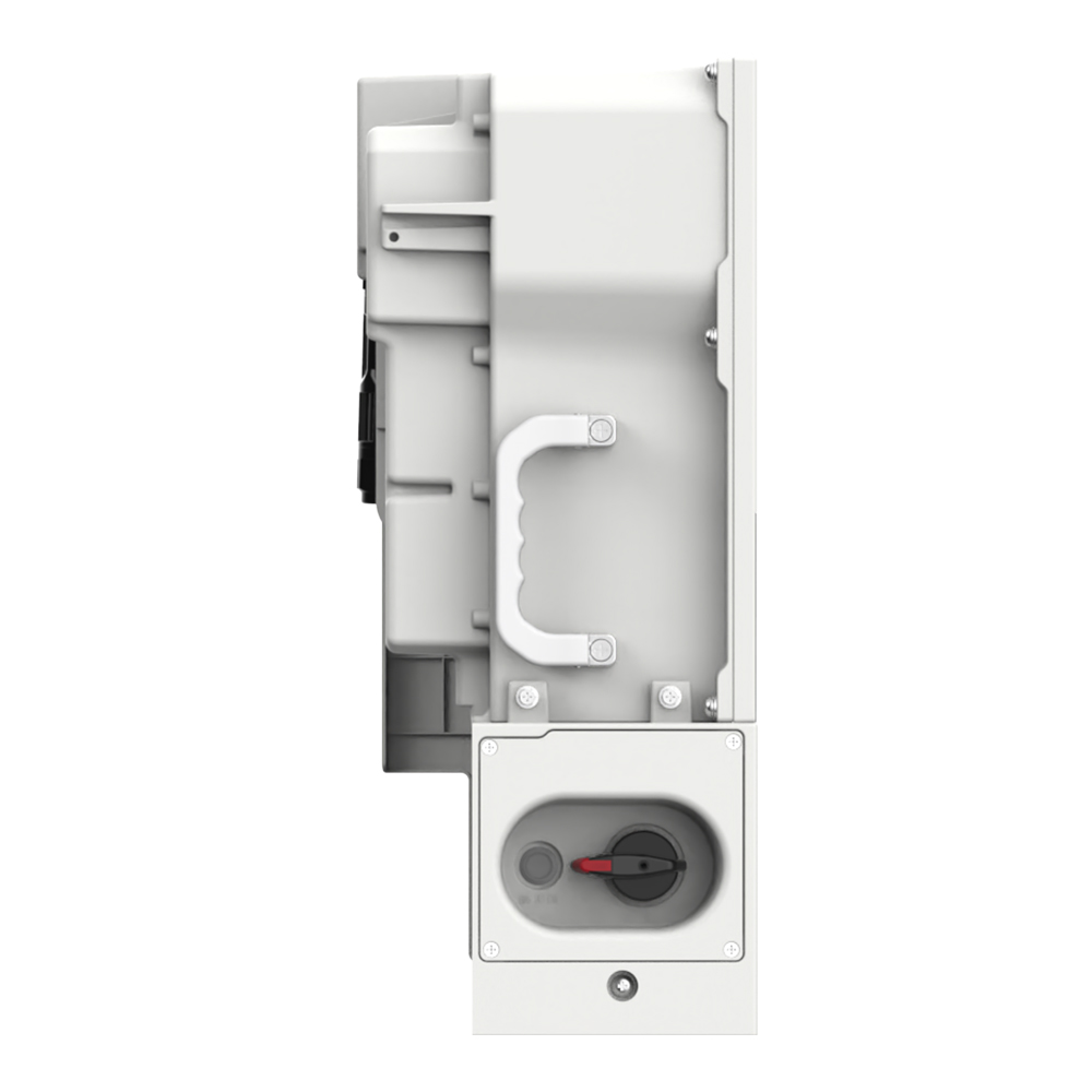 Seitenansicht von links: weißer Solax X1-IES-4.6K Inverter mit Griff und rotem Schalter