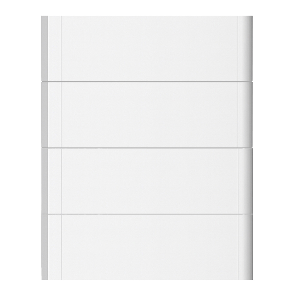 Frontansicht vier weißer, rechteckiger Haier Smart Cube Batteriemodule übereinander