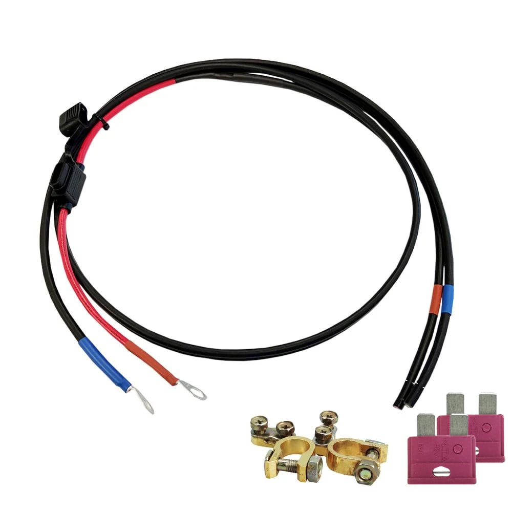 Batteriekabel in schwarz und rot mit Sicherungen und Batterie-Polklemmen in gold