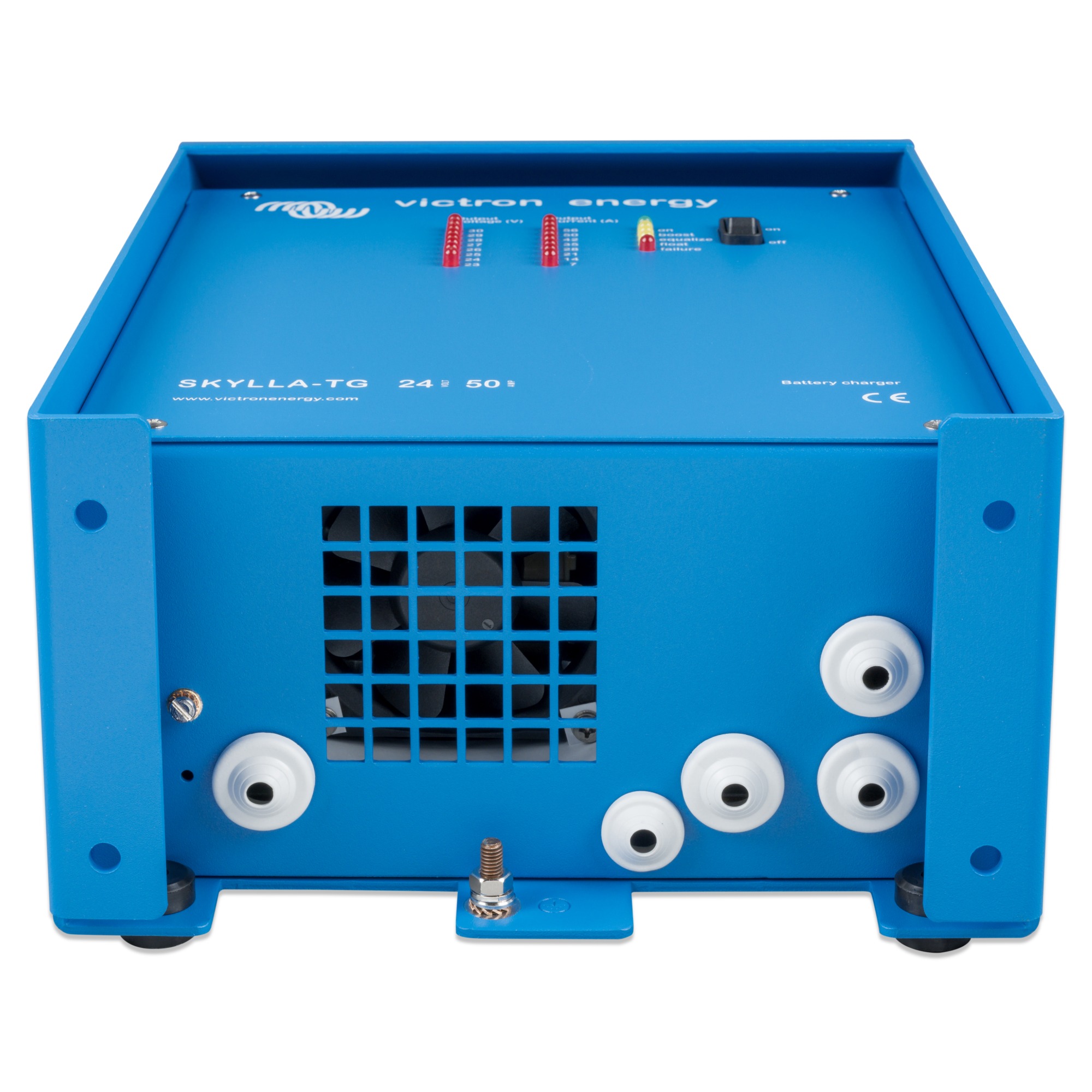 blaues Victron Batterieladegerät Skylla-TG 24/50 Bodenansicht Anschlüsse