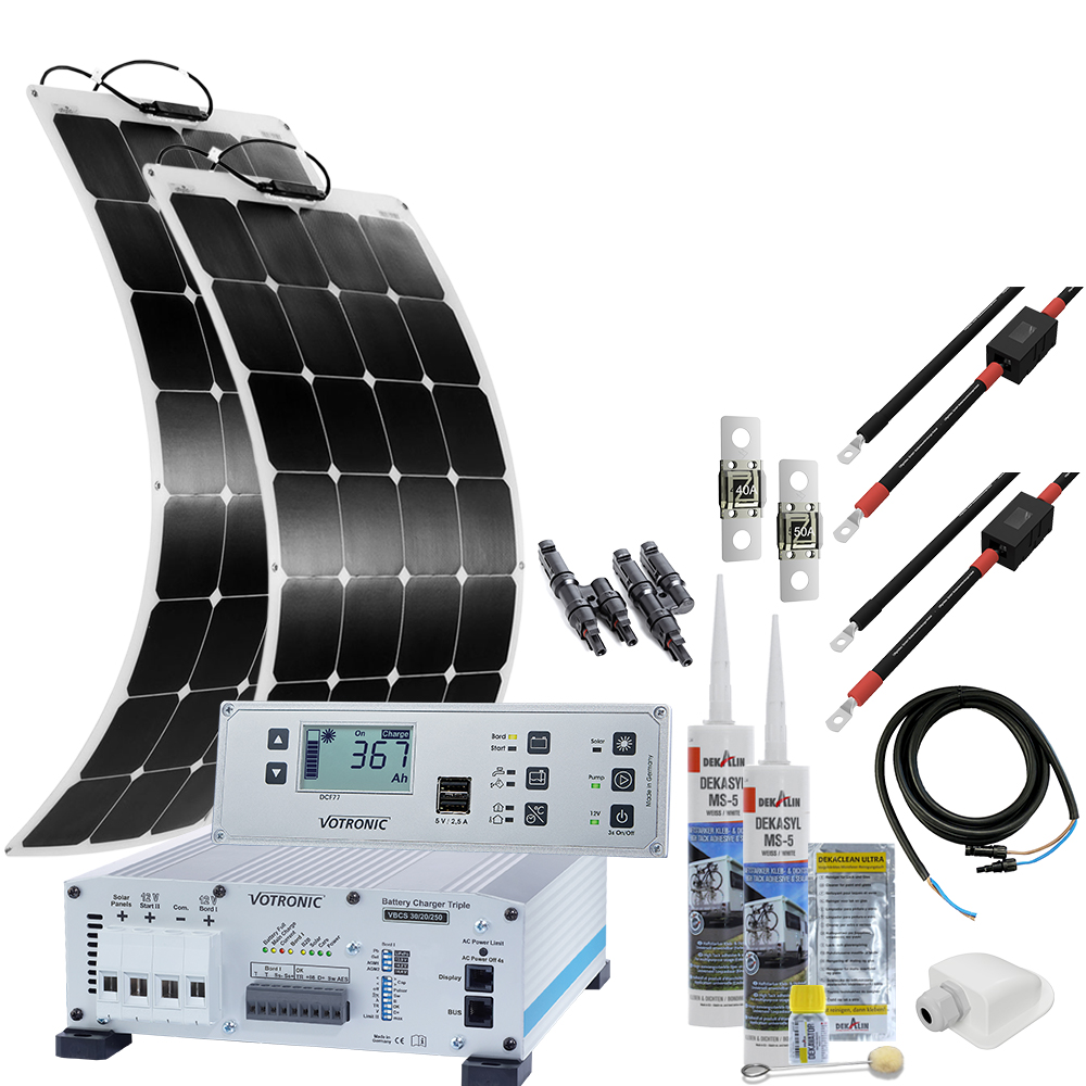 Offgridtec mTriple Flex s camper solaranlage mit 2 x 110w solarmodul 30/20/250 Votronic Triple Charger und 5747 vpc Jupiter Kombipanel