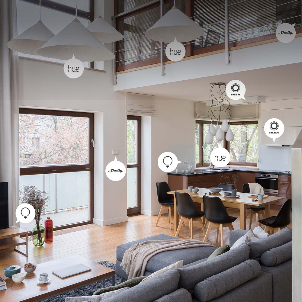 Modernes Wohnzimmer mit vernetzten Smart-Home-Geräten von myStrom, Hue, Ikea und Shelly
